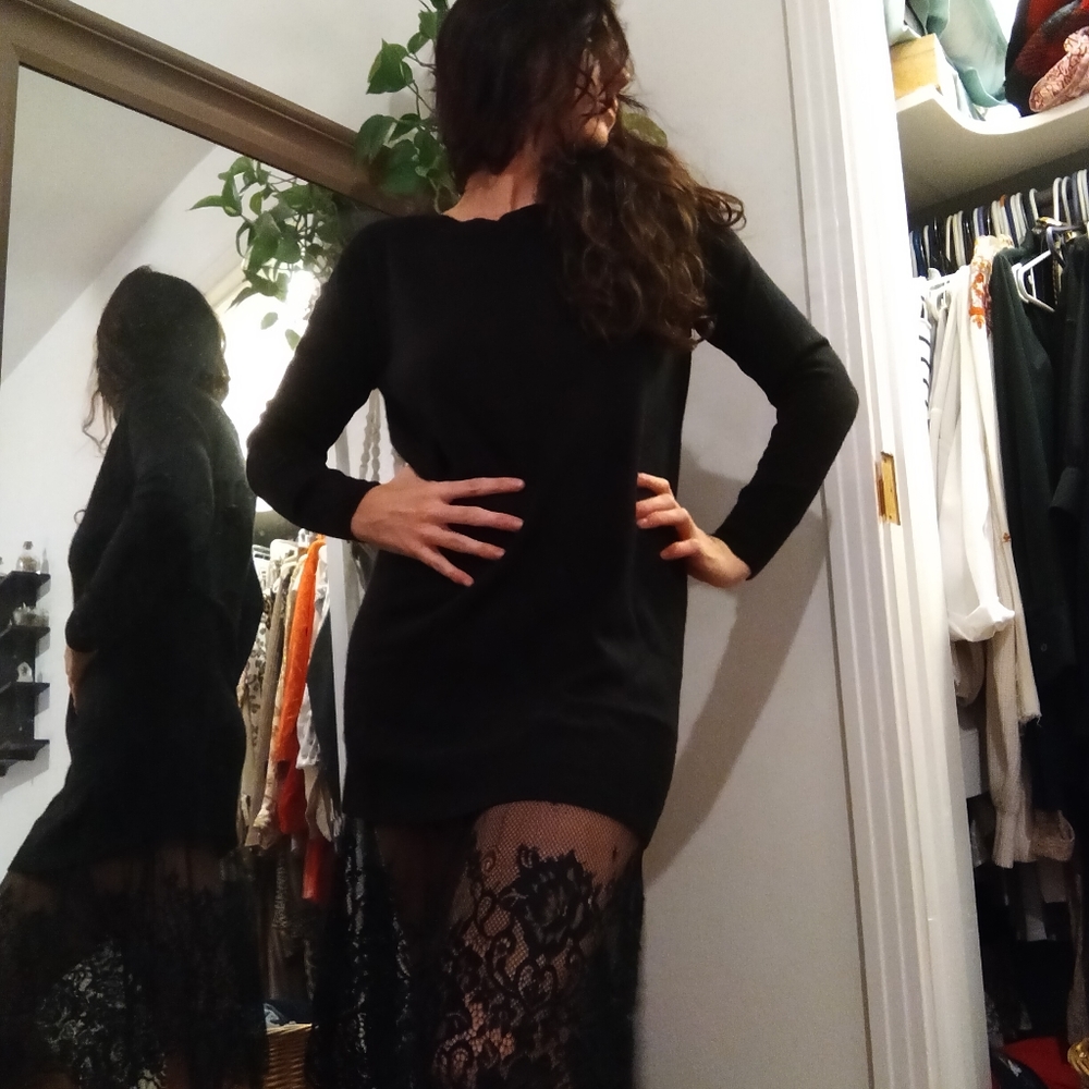 Black sweater dress with black lace on bottom - Picture 3 of 4